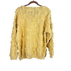 Vintage Fringe Knit Sweater Yellow XL Shaggy 80s Pastel Boho Indie Folk Western
